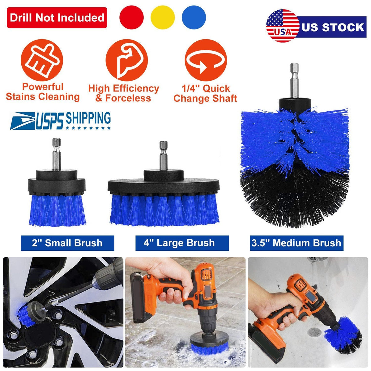 3Pcs/Set Drill Brush Power Scrubber Cleaning Brush for Car Carpet Wall Tile Tub Cleaner Combo