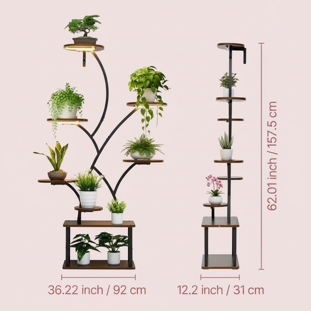 Estante metálico esquinero de 8 niveles para plantas | Estantería para plantas de interior con forma de árbol