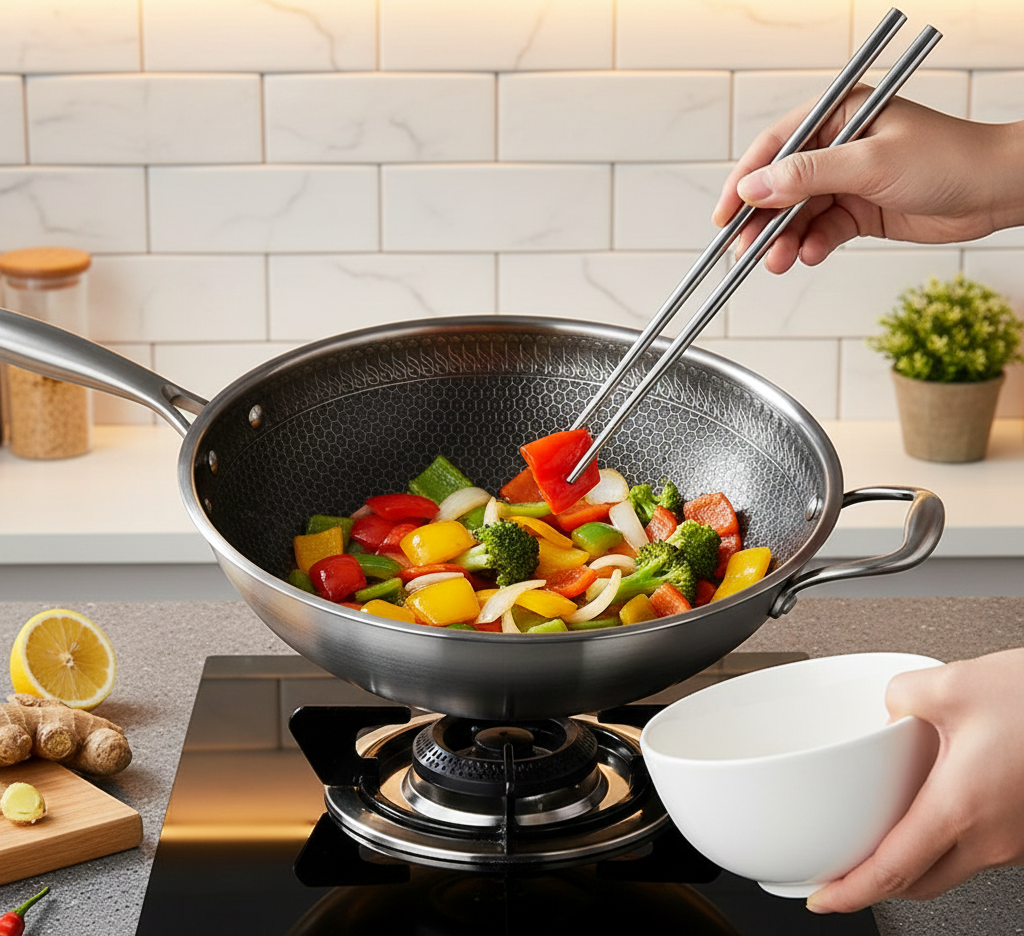 Sartén Wok de Acero Inoxidable de 33,8 cm con Tapa y Espátula – Antiadherente – Para Todo Tipo de Cocinas