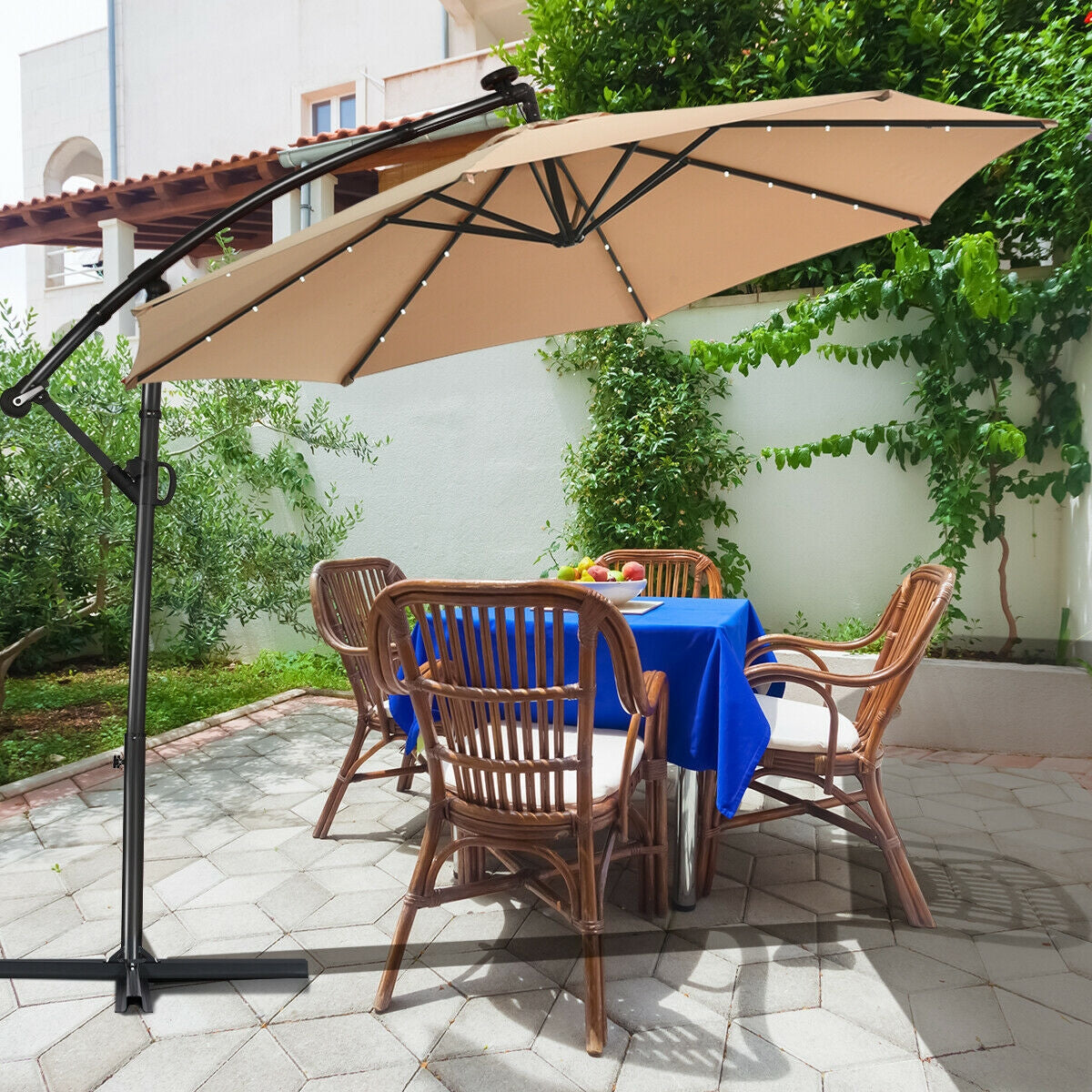 Sombrilla excéntrica de patio LED de 3 metros con rotación 360° con energía solar sin base de peso - Gris