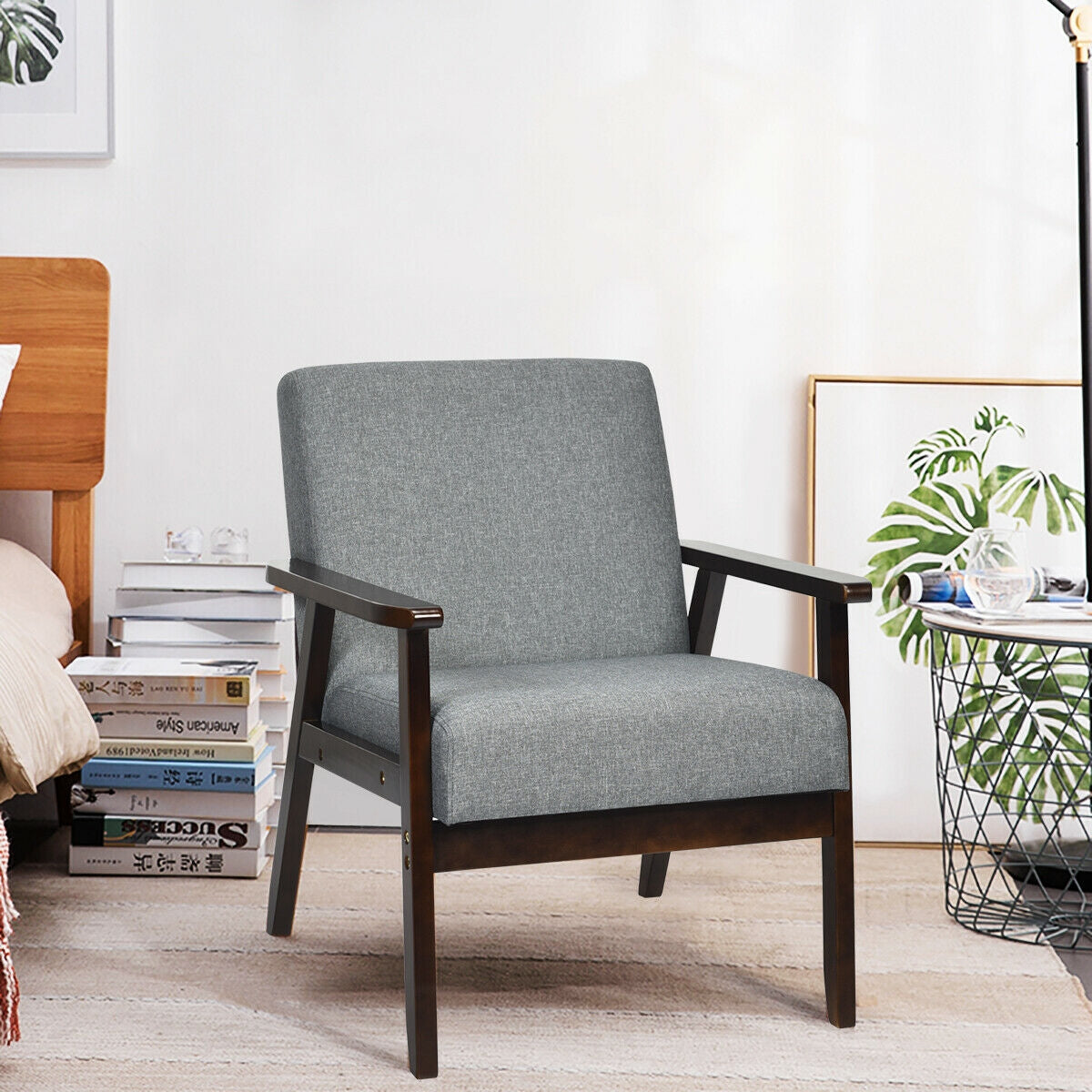 Solid Rubber Wood Fabric Accent Armchair