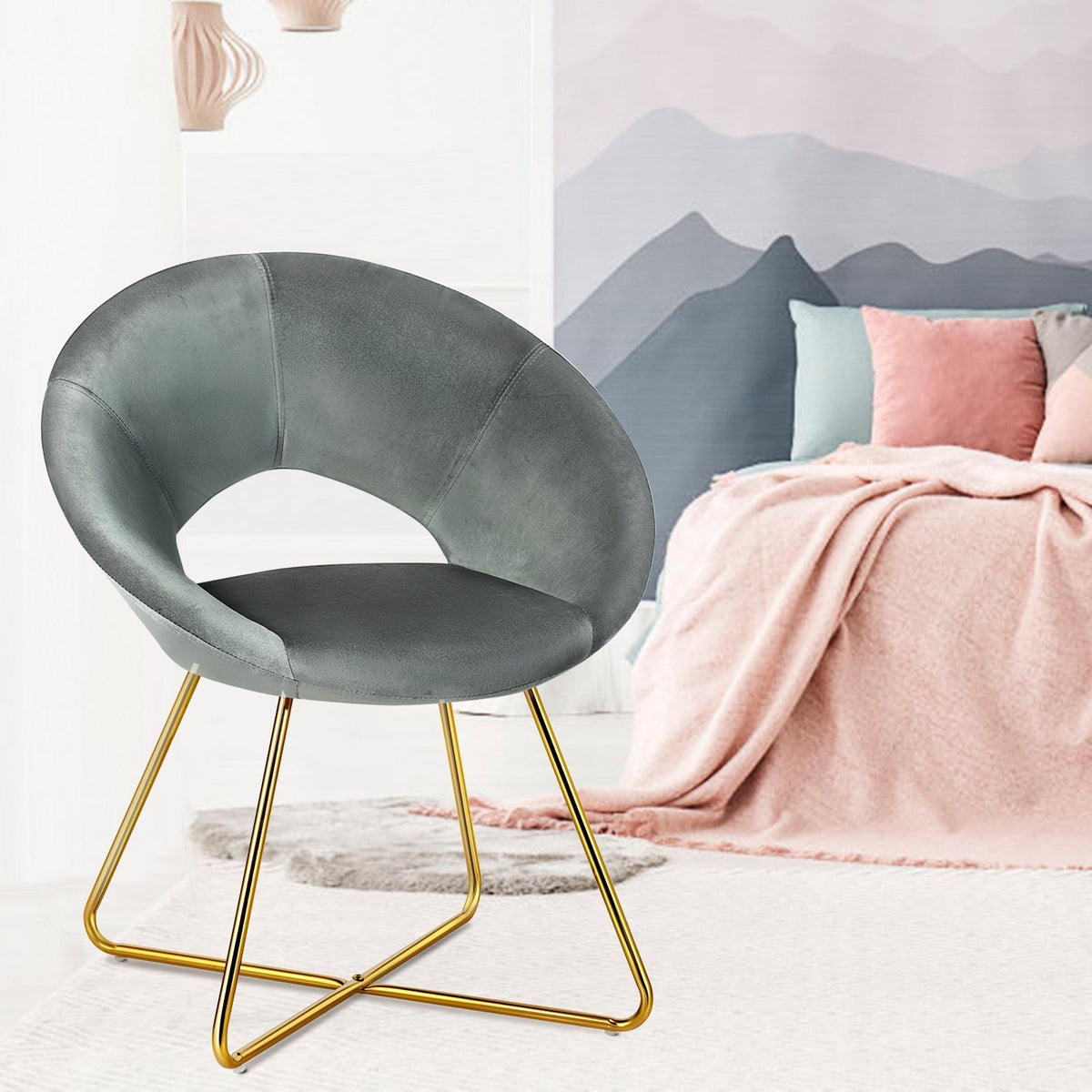 Modern Accent Velvet Dining Arm Chair with Golden Metal Legs and Soft Cushion