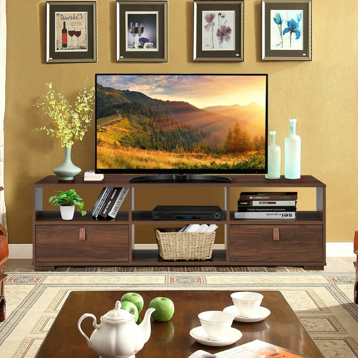 TV Stand Entertainment Media Center Console for TV's up to 60 Inch with Drawers Walnut