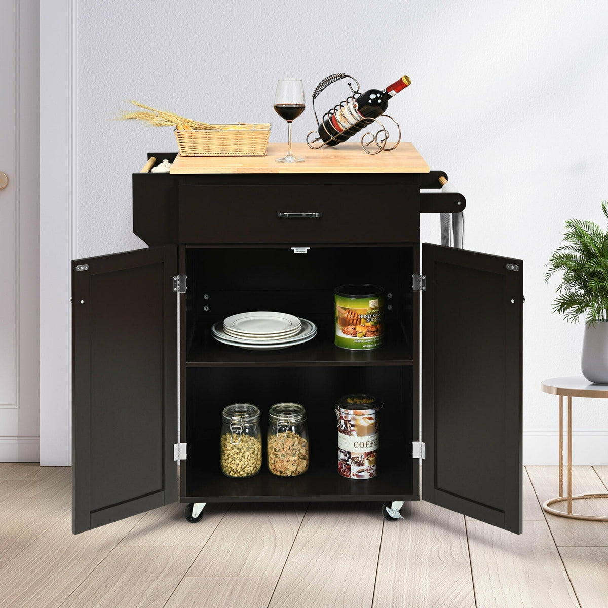 Utility Rolling Storage Cabinet Kitchen Island Cart with Spice Rack