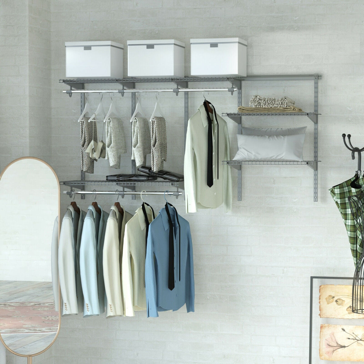 3 to 6 Feet Wall-Mounted Closet System Organizer Kit with Hang Rod-Gray