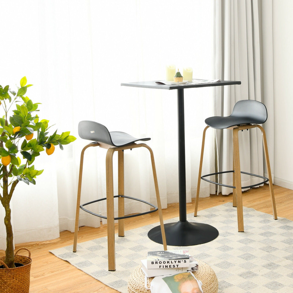 Set of 2 Modern Barstools Pub Chairs with Low Back and Metal Legs