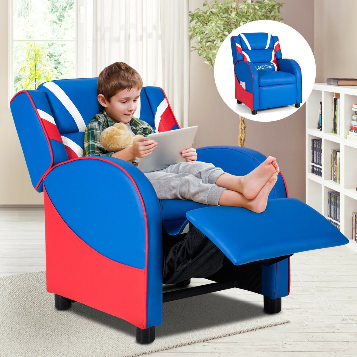 Sillón reclinable infantil de cuero con bolsillos laterales