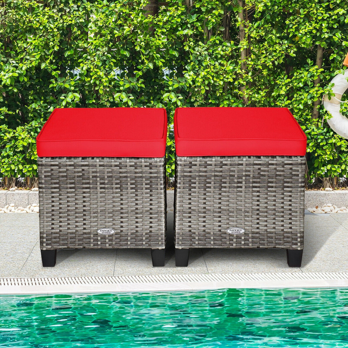 2 Pieces Patio Rattan Ottoman Seat with Removable Cushions-Navy