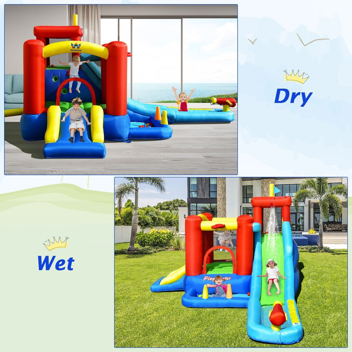 Castillo Hinchable Acuático Infantil 9 en 1 con Tobogán y Soplador de 860W