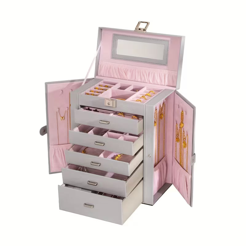 6-Tier Large Jewelry Box Organizer with 5 Drawers and Mirror