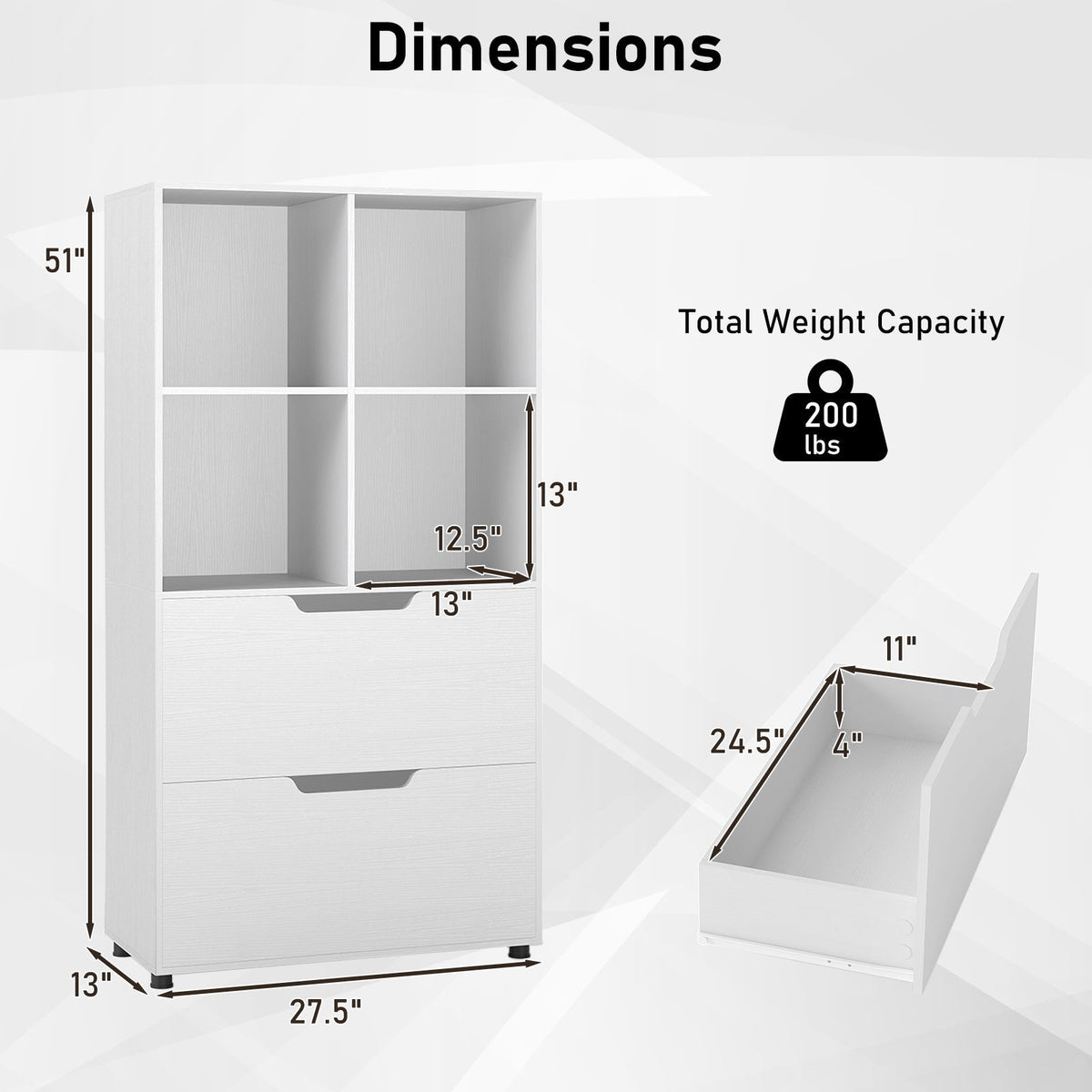 4-Cube Bookcase with 2 Drawers 51 inch 5-Tier Tall Freestanding Bookshelf