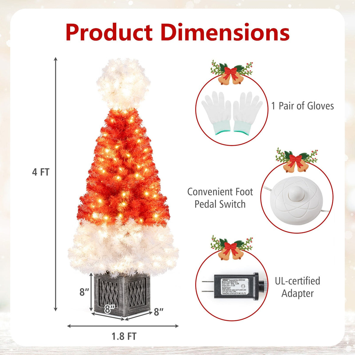 4 Feet Artificial Christmas Tree with 300 Branch Tips and 100 Warm White LED Lights