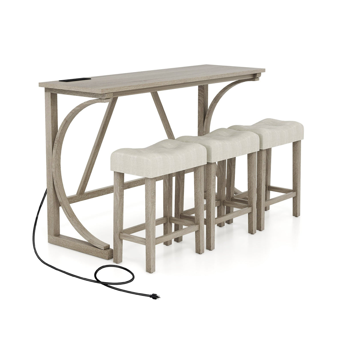 4-Piece Bar Table Set with Power Outlet and Upholstered Saddle Seat Stools-Grey and Beige