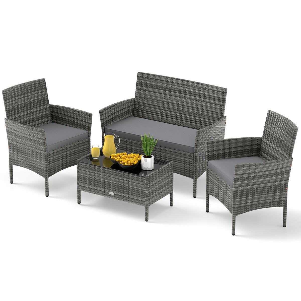 4 Pieces Patio Rattan Conversation Set with Tempered Glass Coffee Table