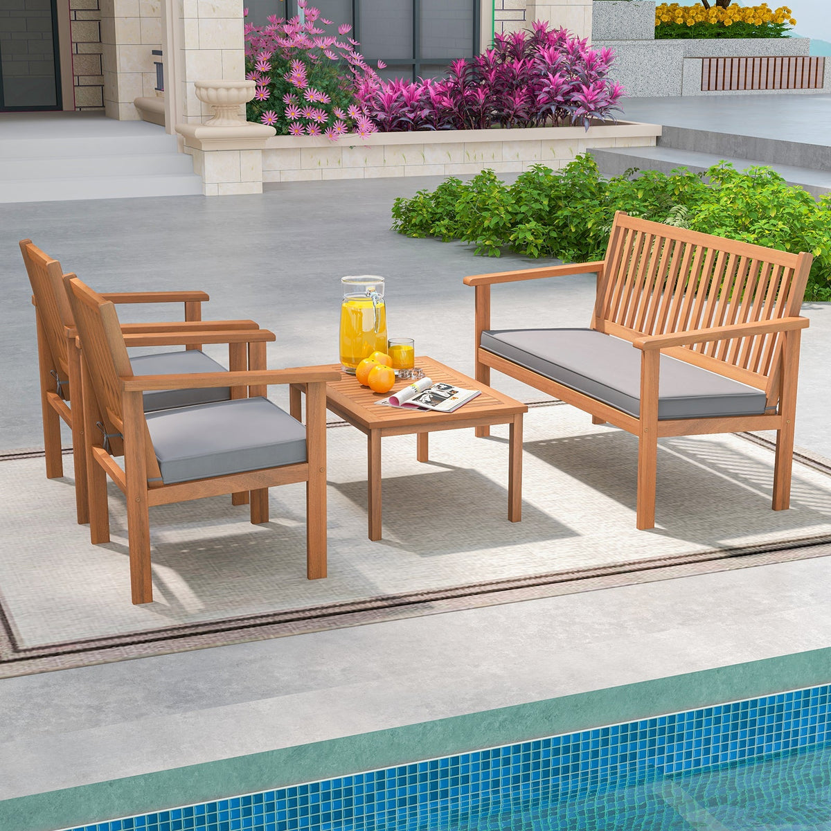 4 Piece Patio Wood Furniture Set Acacia Wood Sofa Set with Loveseat