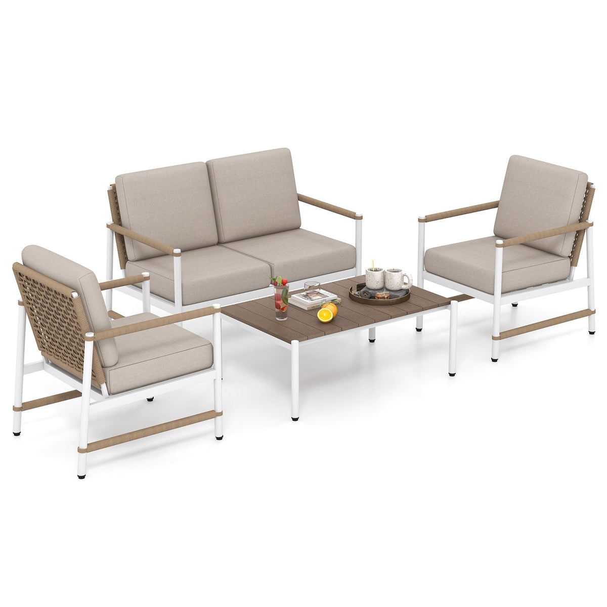 4 Pieces Patio Furniture Set with Thick Cushions and a Coffee Table-Gray
