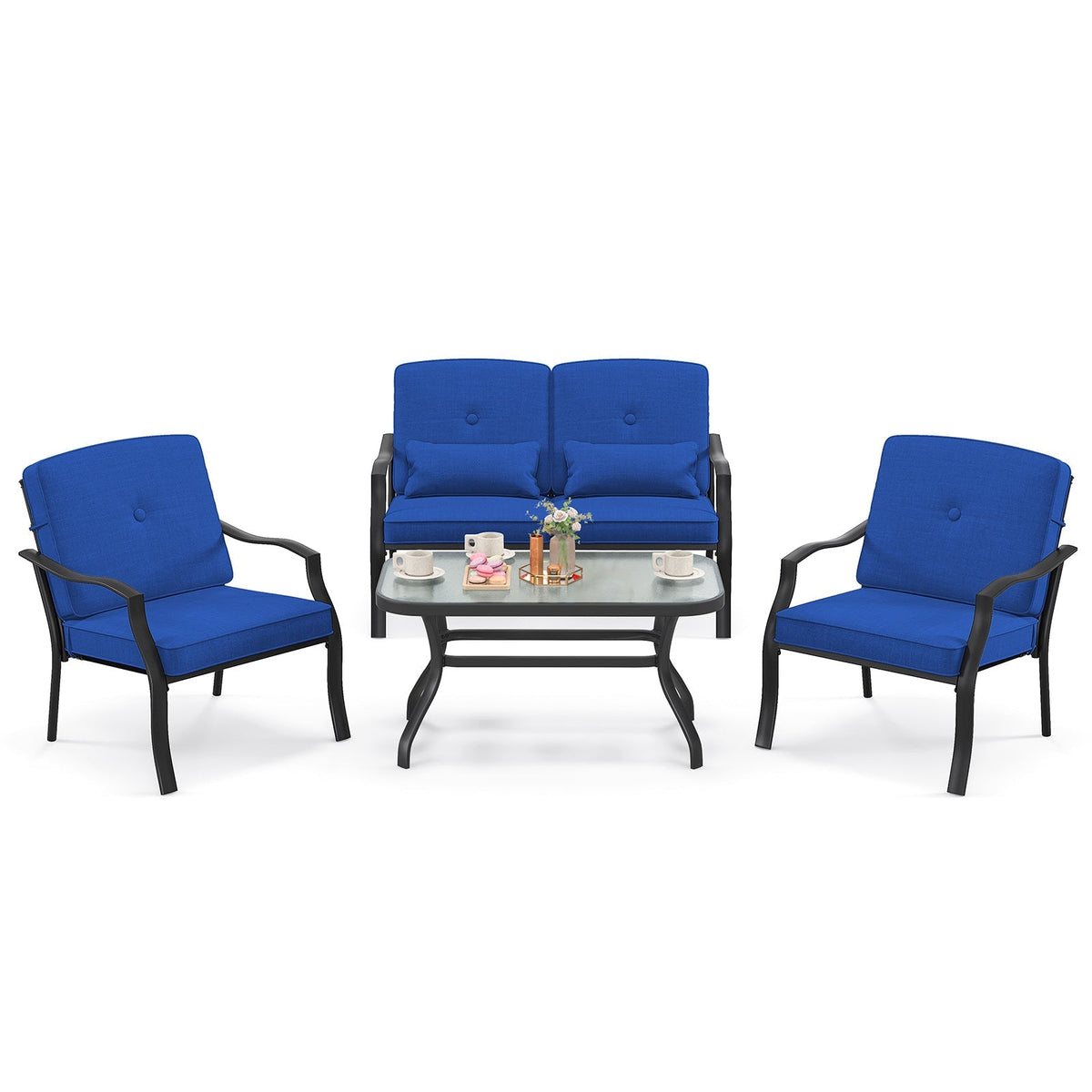 4 Pieces Outdoor Conversation Set with Seat Back Cushions and Waist Pillows