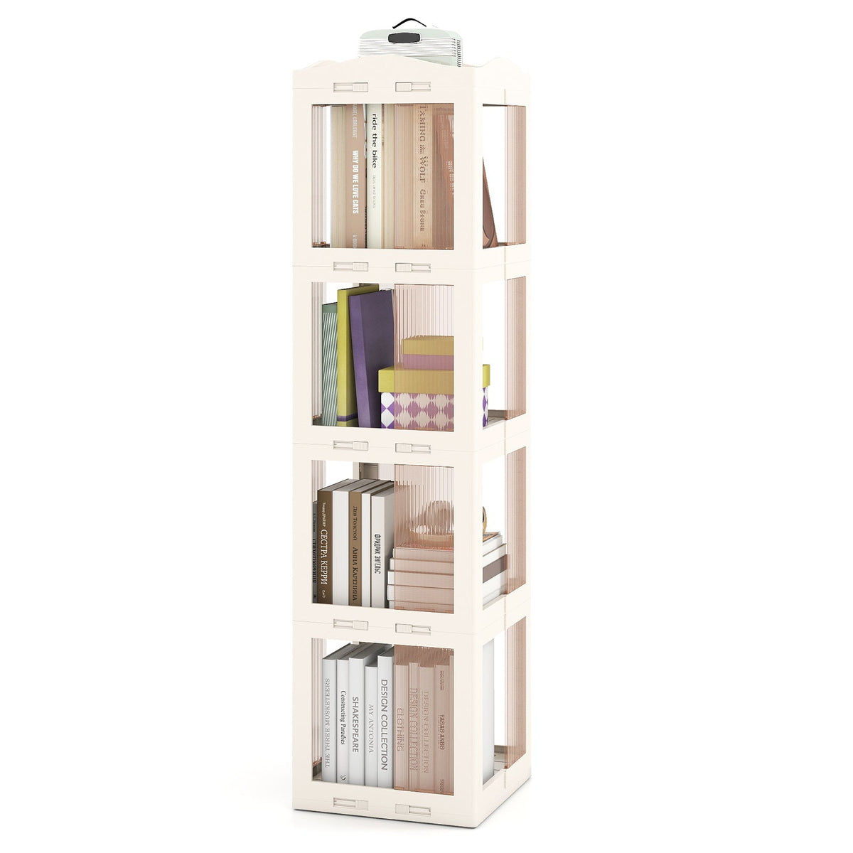 4-Tier Foldable Rotating Bookshelf with Swivel Base and Translucent Panels-White