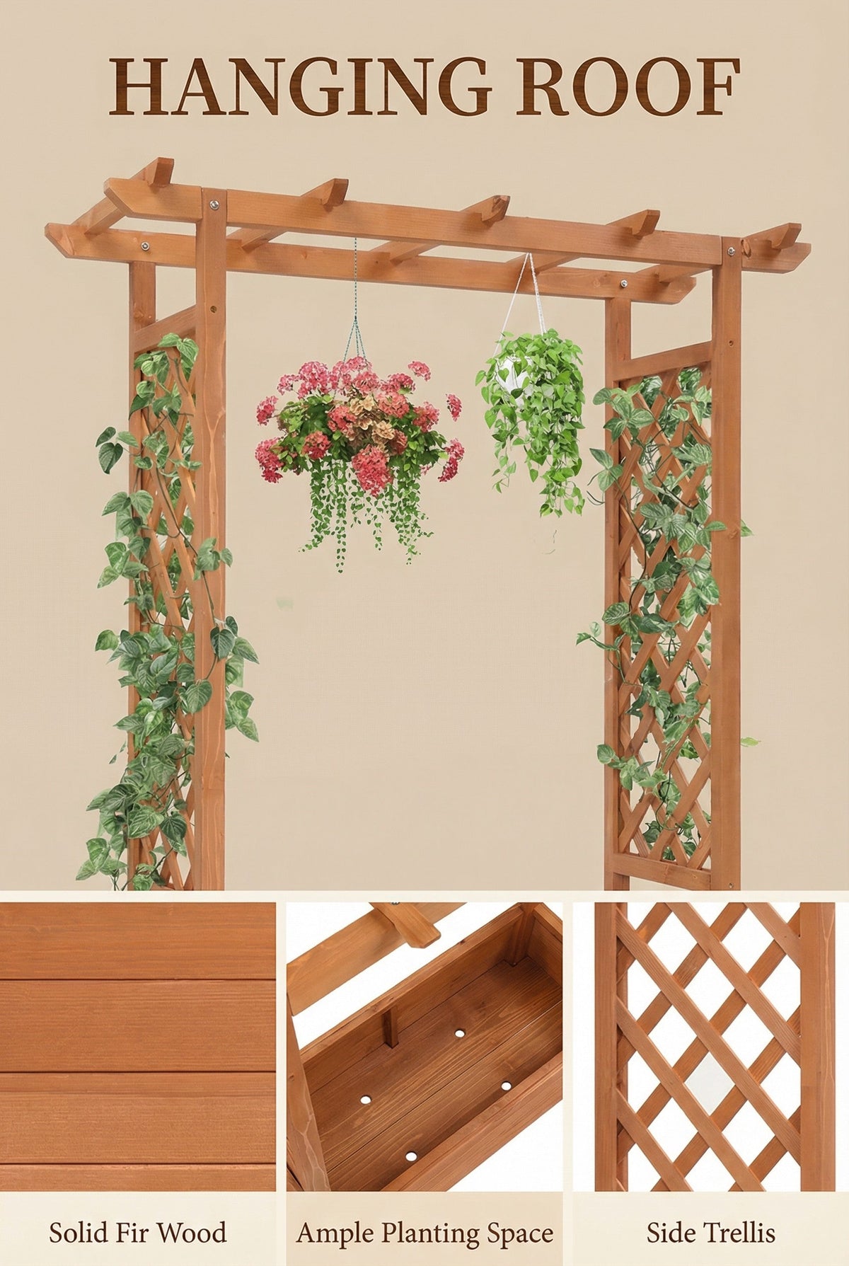 Maceta de madera elevada con celosía alta para plantas trepadoras