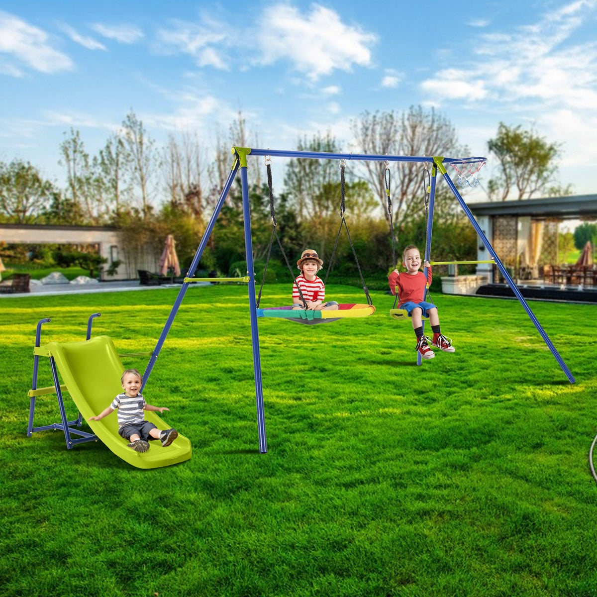 Parque infantil de metal resistente 4 en 1 con tobogán y canasta de baloncesto