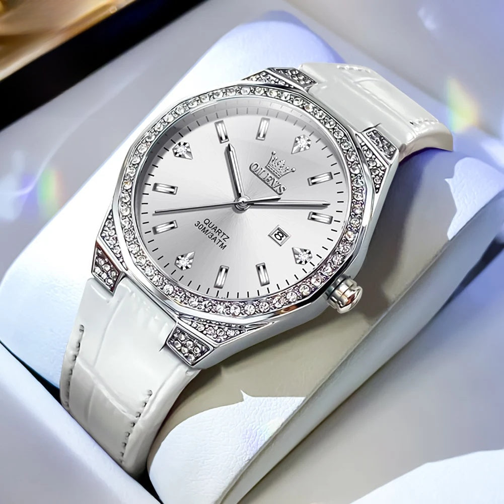 Women's Leather Strap Crystal Bezel Watch Rose Gold Luxury