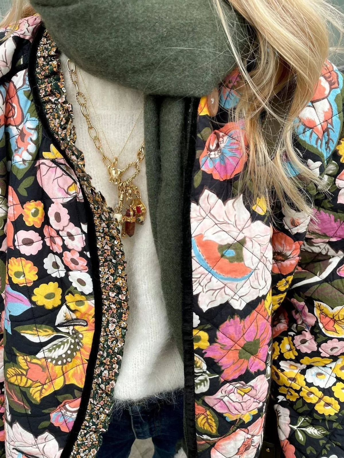 Full Size Floral Print Quilted Sherpa-Lined Jacket Plus Size