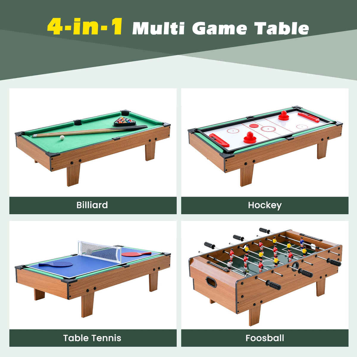 4-in-1 Combo Game Table Set Foosball Table with Billiards and Hockey
