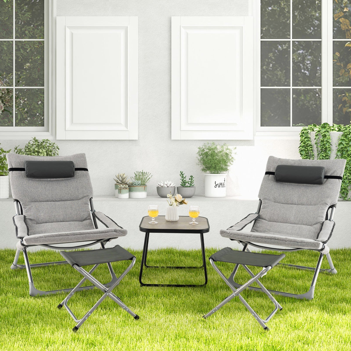 Juego de 5 sillas de jardín plegables con reposapiés y mesa de centro - Gris
