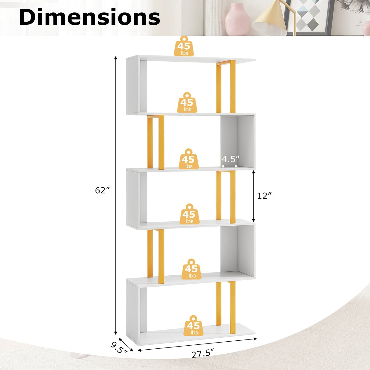 5-Tier/6-Tier Geometric Bookcase with Metal Frame and Anti-tipping Kits