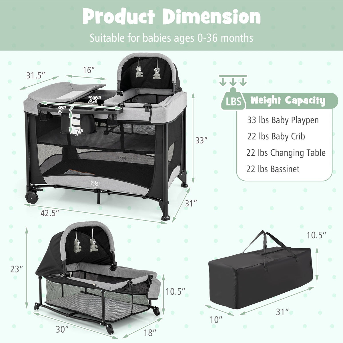 5-in-1 Portable Baby Playard with Cradle and Storage Basket