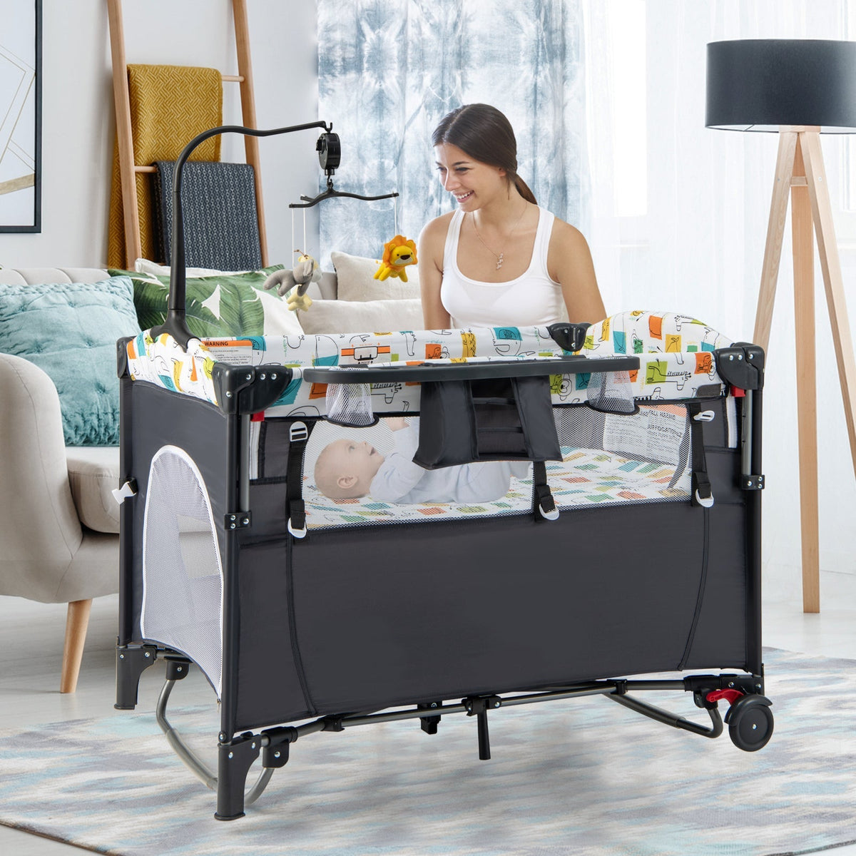 Centro de guardería 5 en 1 para bebés, cuna plegable para cama de bebé con caja de música