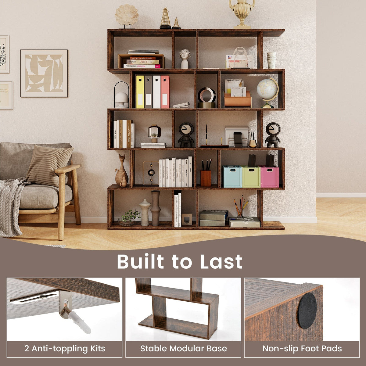 5-Tier Bookshelf with Anti-Toppling Device for Living Room Home Office
