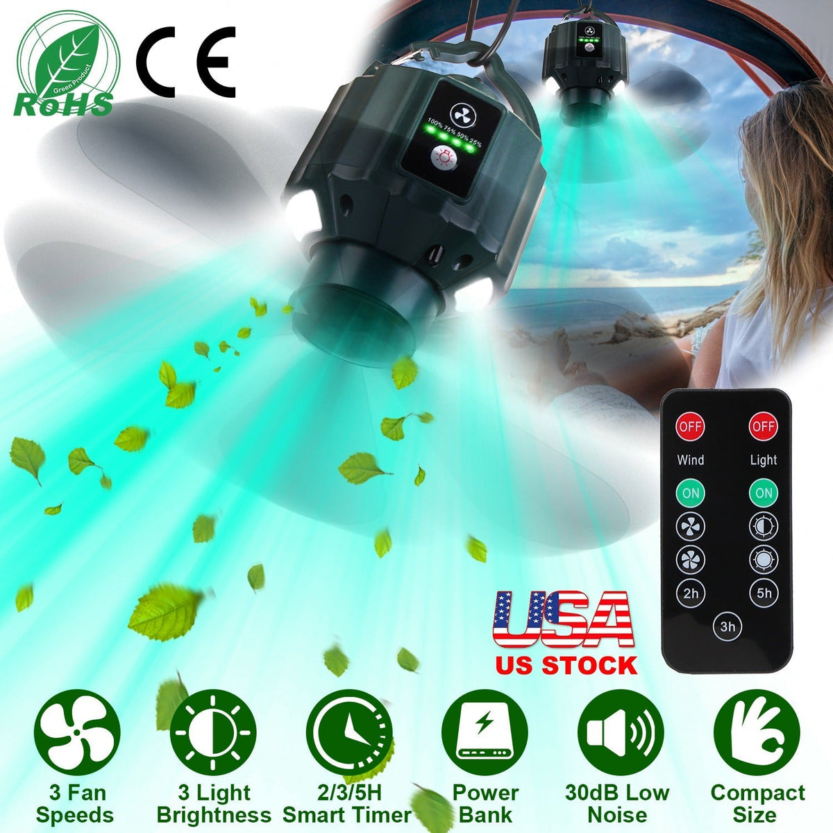 Portable Camping Ceiling LED Fan 5200mAh USB Battery Powered Hanging Tent Lantern Fan Power Bank with 3 Fan Speed 3 Light Brightness Smart Timer Remot