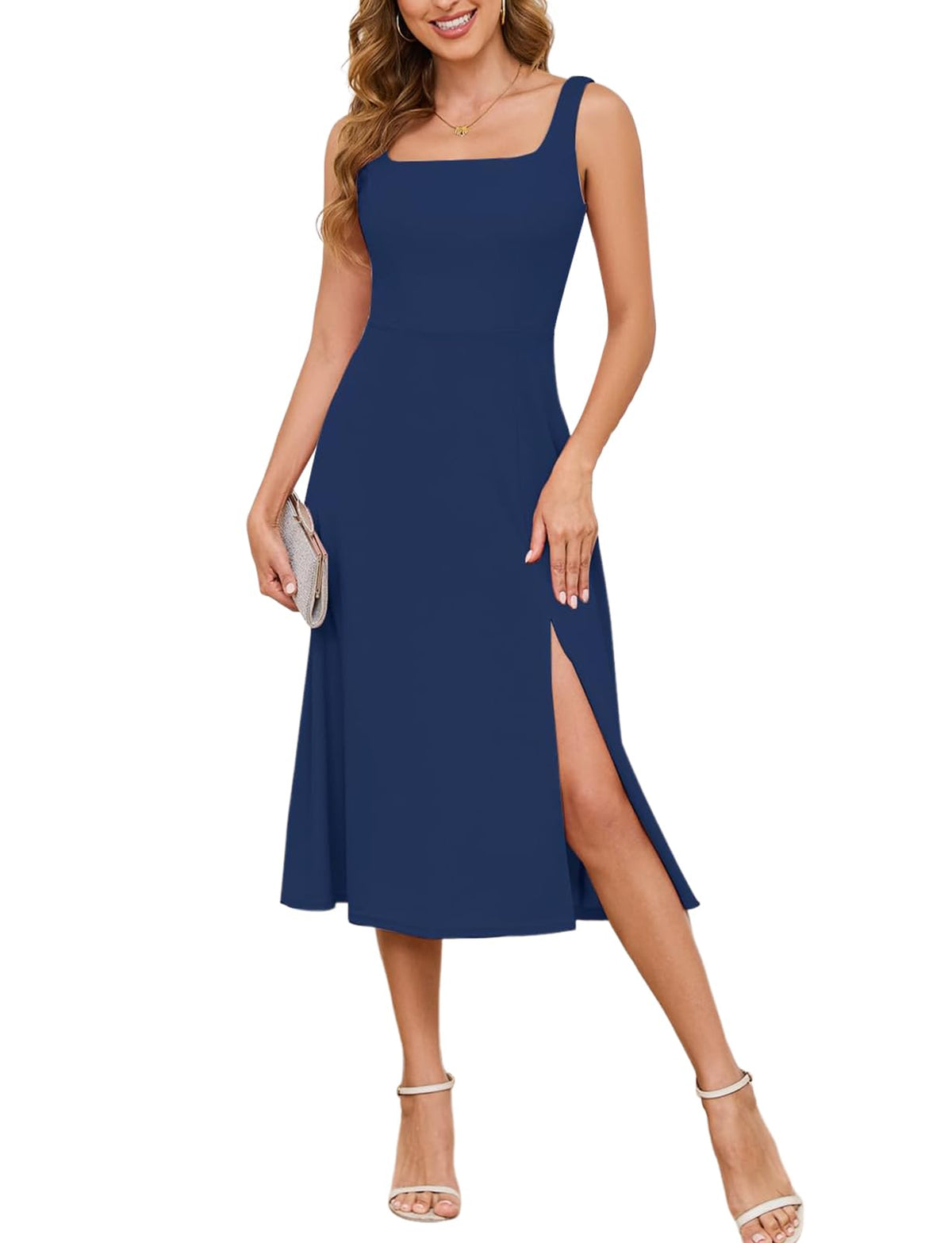 Vestido midi de mujer Gardenwed con cuello cuadrado, sin mangas, con abertura para cóctel, azul marino, M