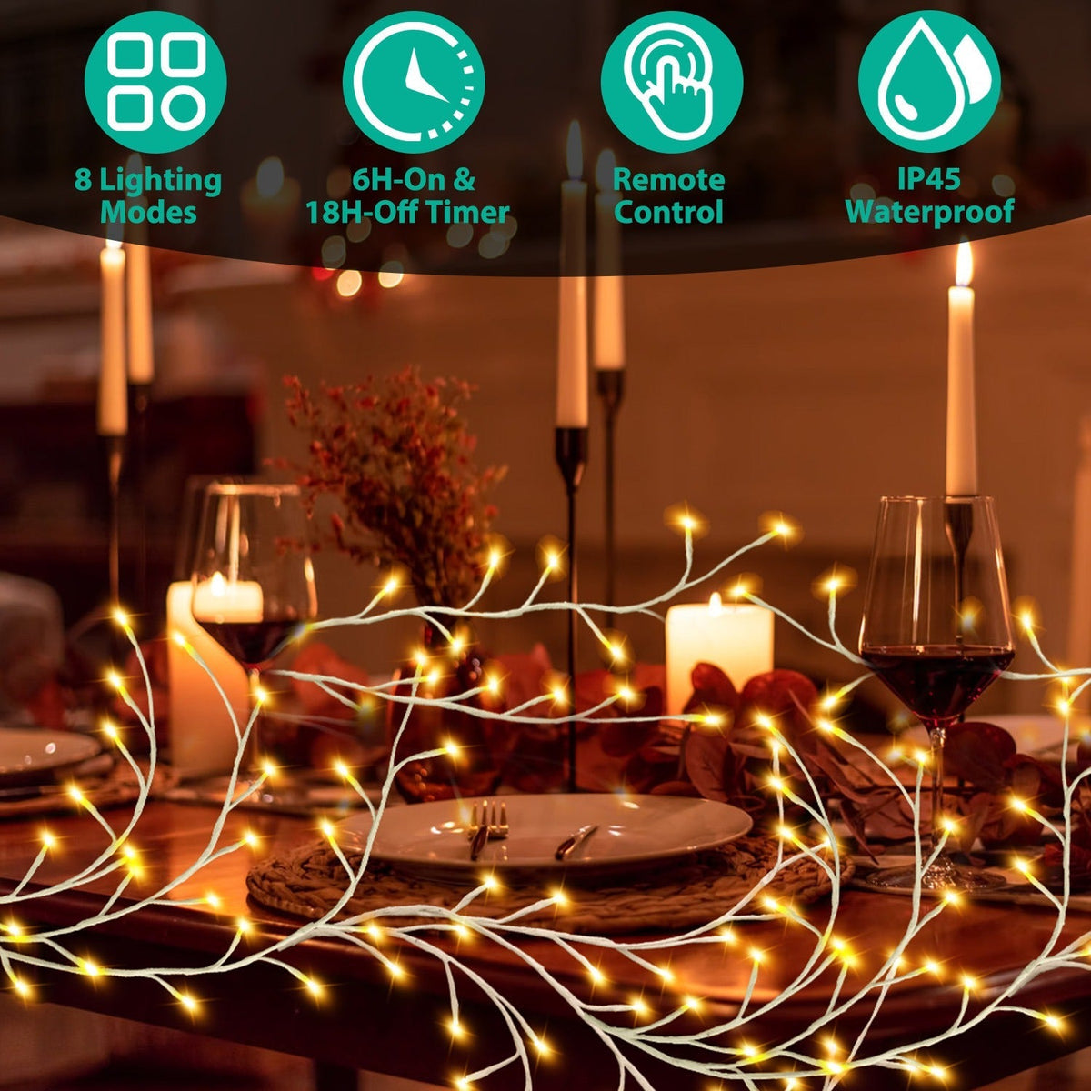 Lighted Birch Garland 7.87FT Lighted Twig Vine Lights 144LED Birch Garland with Lights String Light with Timer 8 Modes IP45 Waterproof for Christmas F