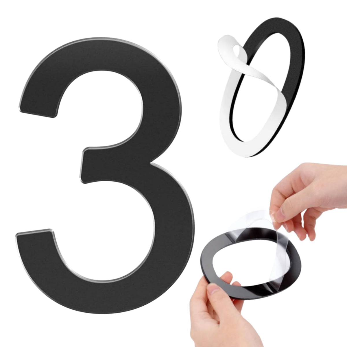 GLDonee Número de casa autoadhesivo de acrílico de 8.5", número 3, negro, dirección moderna