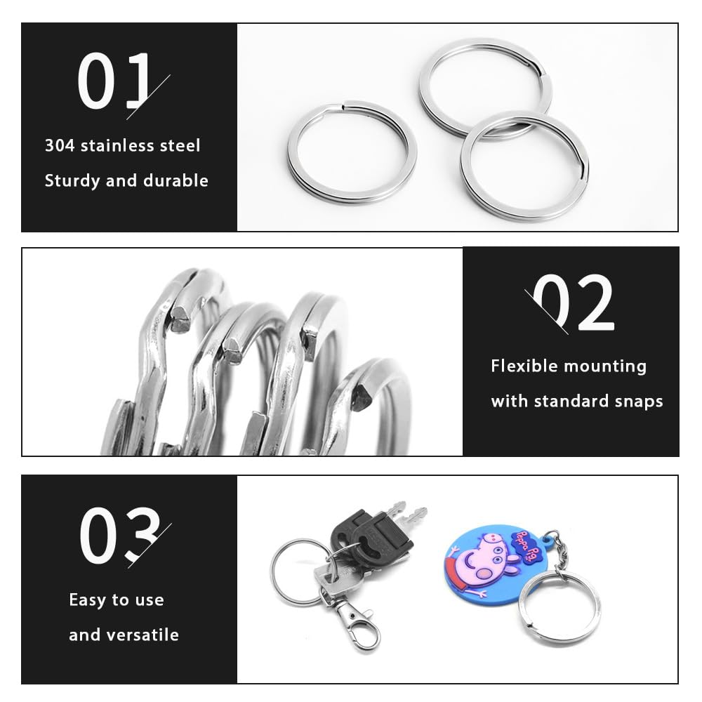 Biyrly Stainless Steel Round Keyrings 1.5-25mm Silver 10 Pack