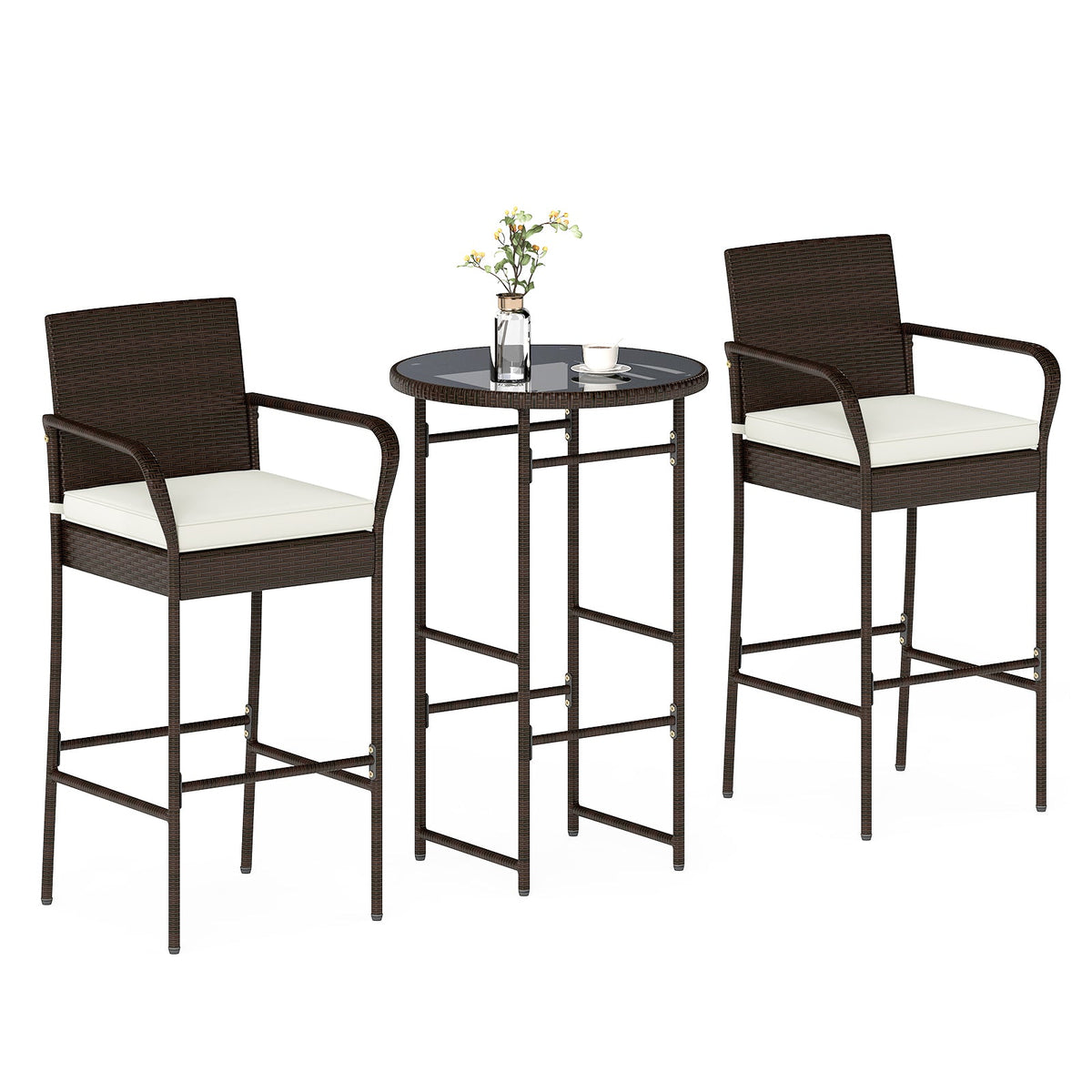 3 Piece Outdoor Bar Set with 2 Seat Cushions for Porch Yard-White
