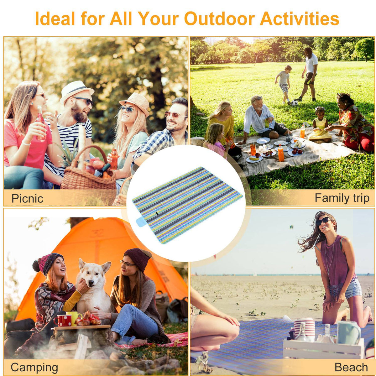 Manta de picnic impermeable de 60" x 78", alfombra plegable para acampar con correa, ideal para camping, senderismo, césped y viajes
