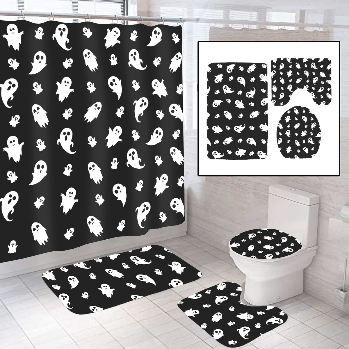 Ghost Bathroom Decoration Set Shower Curtain - Mats - Toilet Cover