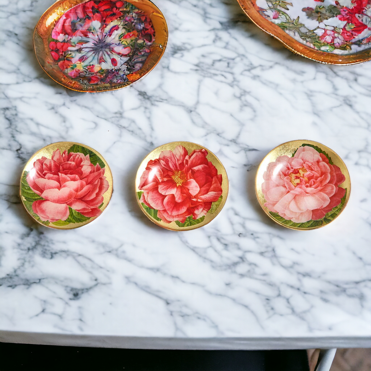 Rose Decoupage Trinket Tray Gold Leaf Vintage Jewelry Dish Coaster
