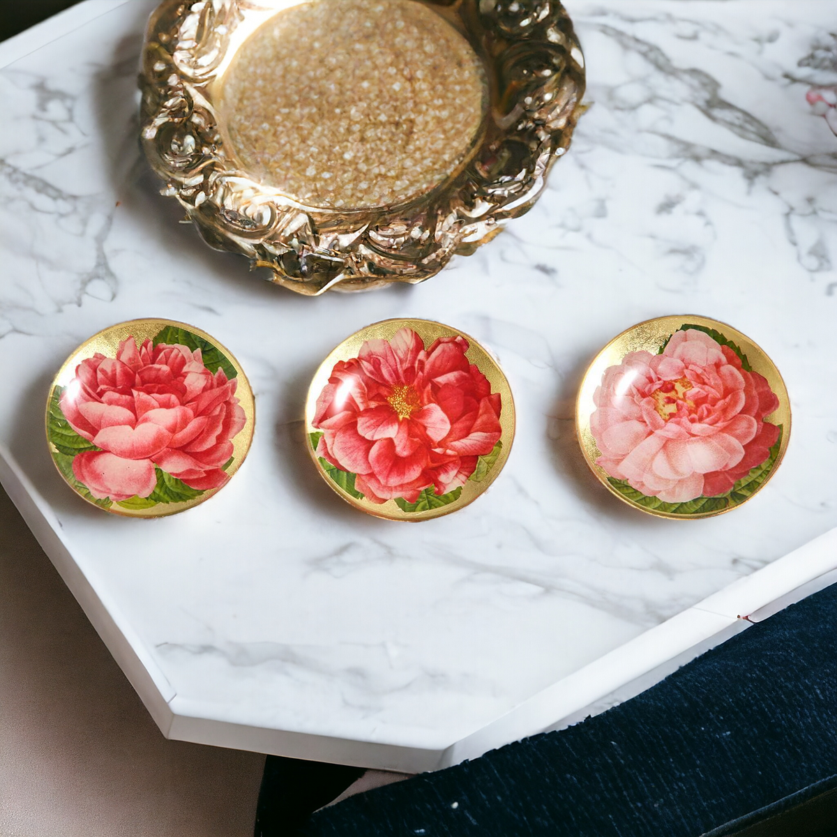 Rose Decoupage Trinket Tray Gold Leaf Vintage Jewelry Dish Coaster