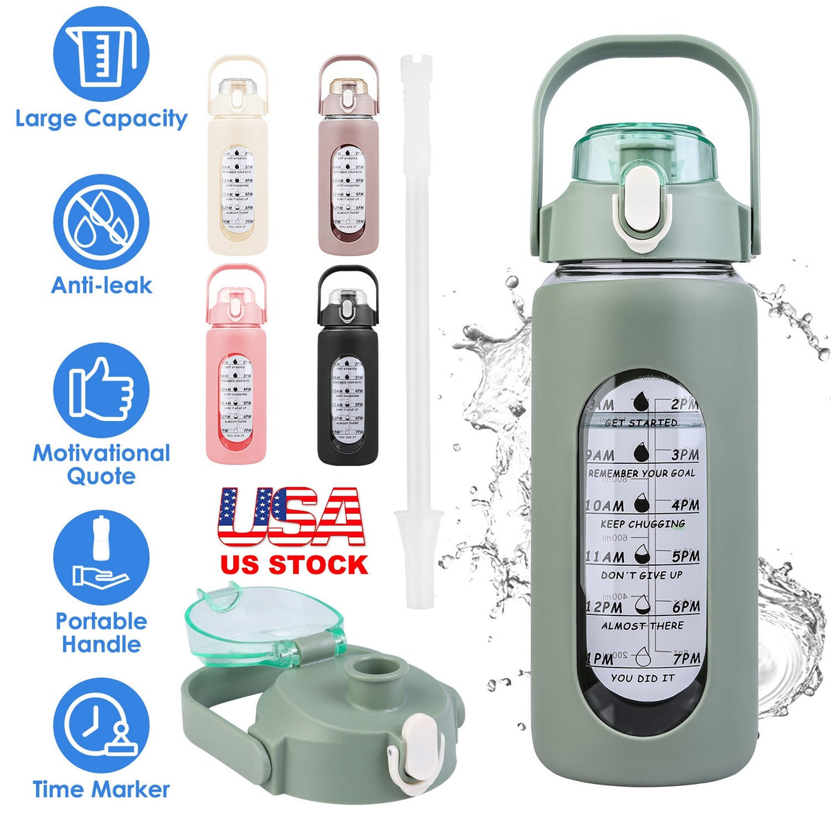 34Oz Glass Water Bottle Sports Water Bottle Motivational Water Bottle Water Intake Tracker Bottle with Straw Time Marker Silicone Sleeve Handle for Gy