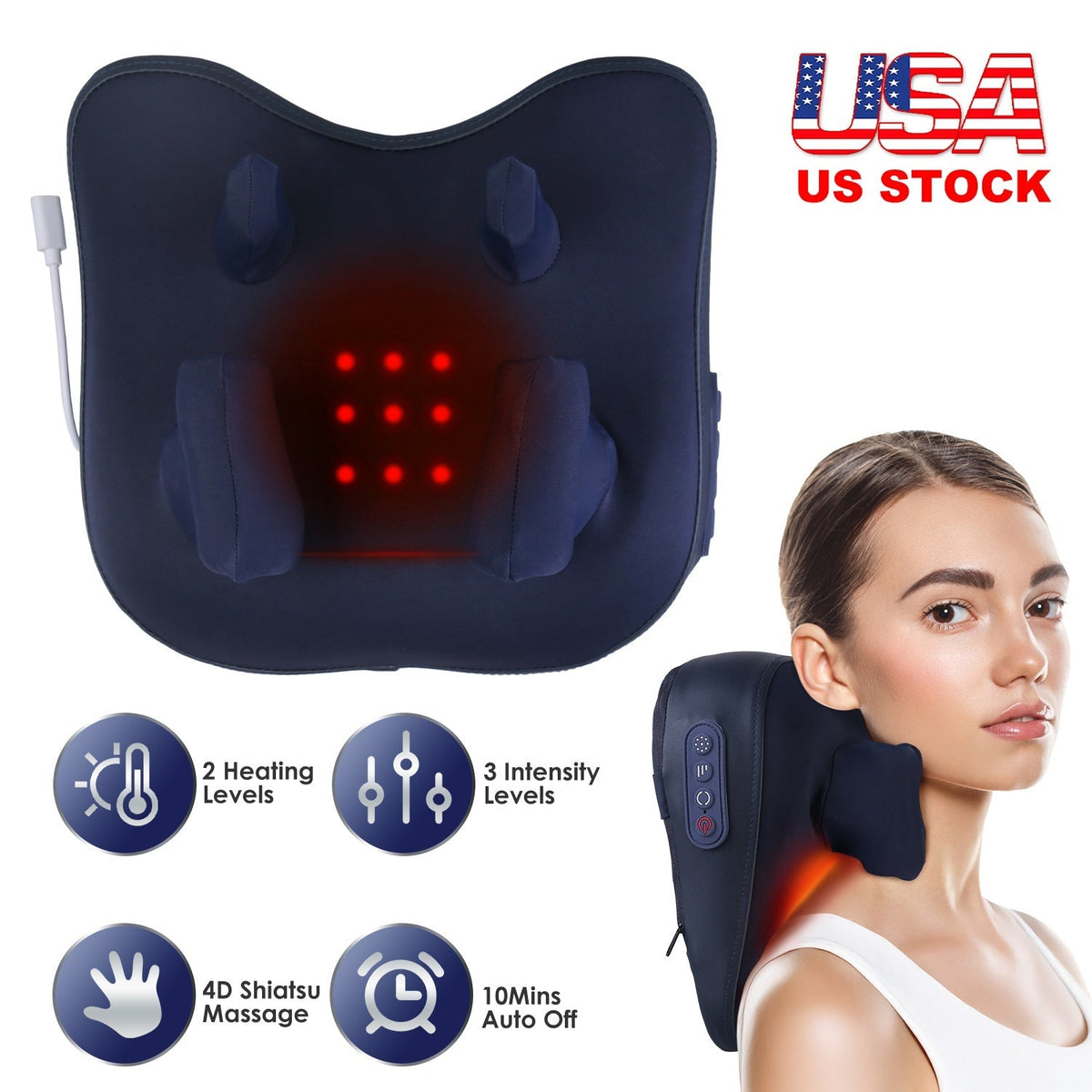 Cordless Neck Shoulder Massager With Soothing Heating 3 Intensity Levels 2 Heating Levels Electric 4D Shiatsu Deep Kneading Pillow For Back Traps Gift