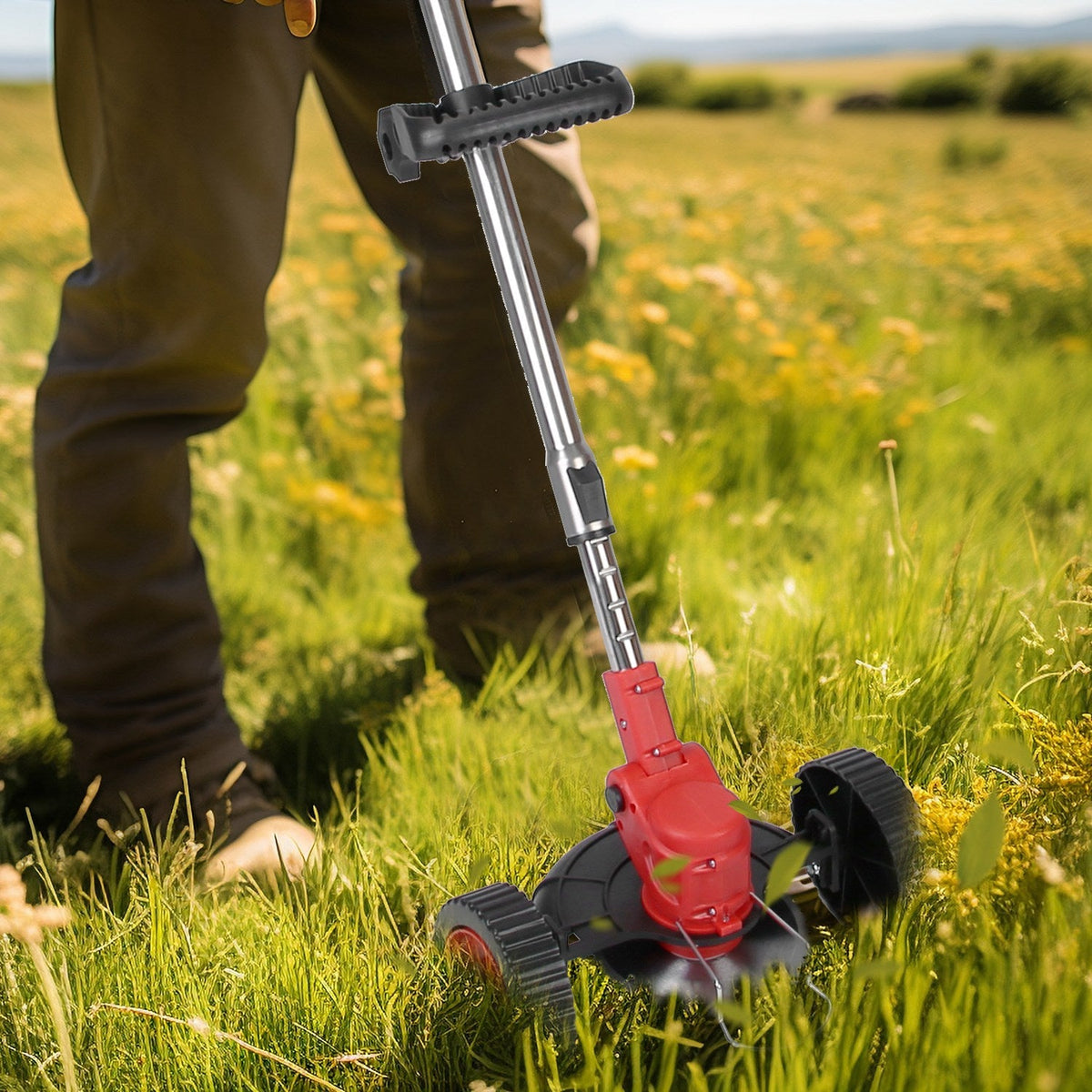 3 in 1 Electric Cordless Grass Wacker Battery Powered Grass Trimmer With Wheels Adjustable Head Extendable Length Rechargeable Lightweight Lawn Trimme