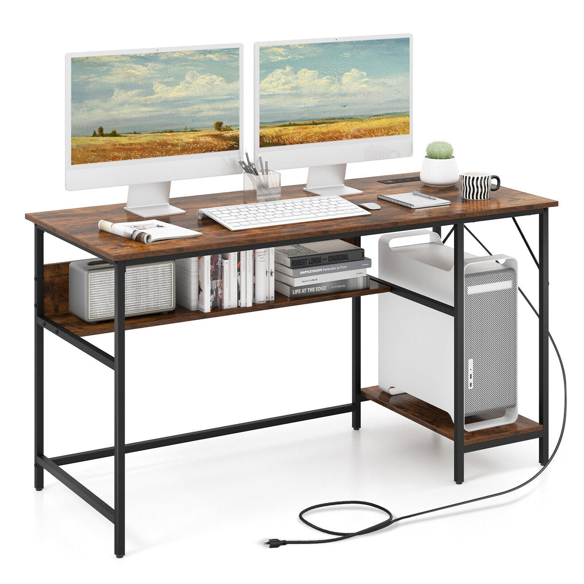 55 Inch Computer Desk with 4 Power Outlets and CPU Stand