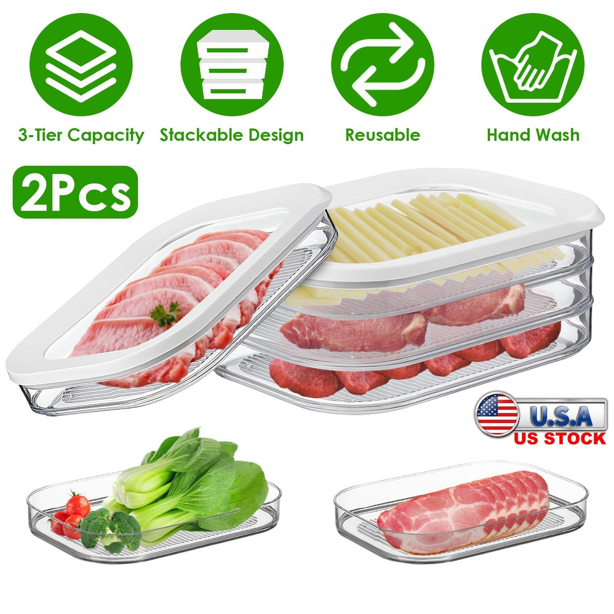2Pcs Deli Meat Container With Lid for Fridge Stackable Bacon Container Clear Food Storage Box with Lid Meal Prep Container for Lunch Meat Salami Cold