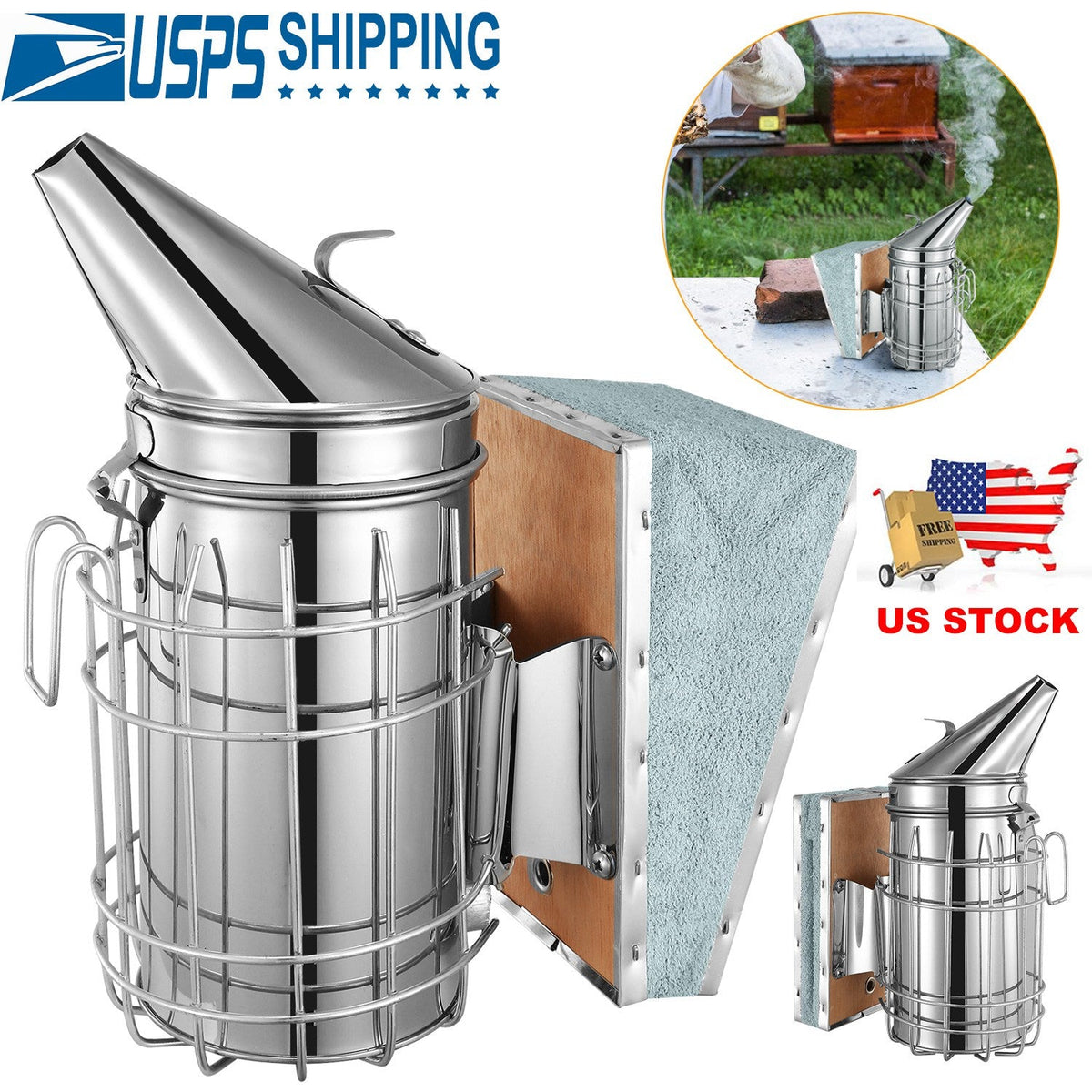 Bee Hive Smoker 11-Inch Heavy Duty Stainless Steel with Metal Heat Shield Storage Hook Beekeeping Equipment Tool
