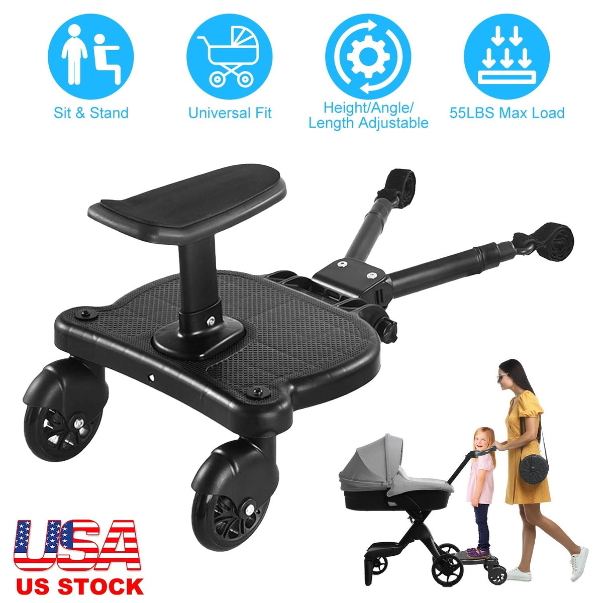 2 In 1 Universal Stroller Board Sit & Stand Buggy Wheeled Board Toddler Stroller Attachment with Detachable Seat for 3-7 Years Old