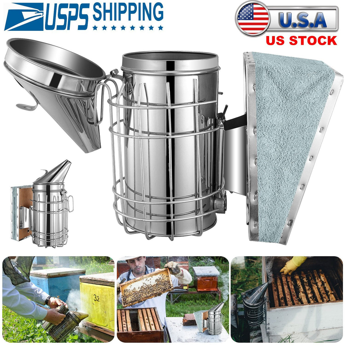 Bee Hive Smoker 11-Inch Heavy Duty Stainless Steel with Metal Heat Shield Storage Hook Beekeeping Equipment Tool
